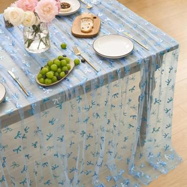 Imagem de Horaldaily Toalha de mesa retangular de gaze com laço dourado azul claro 152 x 261 cm, capa de mesa de malha fina com glitter azul metálico, gaze de tule transparente para festa de casamento e chá de
