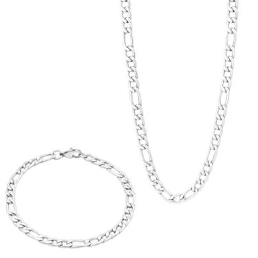 Imagem de Cordão Masculino Figaro 60cm + Pulseira Masculina 3x1 Grossa 6mm Aço Inoxidavel