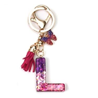 Imagem de 1 chaveiro com pingente de letra borboleta de resina com pingente de borla de camurça chaveiro para bolsas de mão, decoração de mochila de 100 mm, Letra L violeta vermelha, 100mm