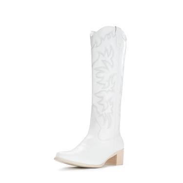 Imagem de IUV Botas de cowboy para mulheres botas de cano alto bico fino botas ocidentais femininas com zíper lateral salto grosso botas de vaqueira, Branco, 10