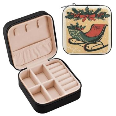 Imagem de Wassud Estojo de joias de viagem de trenó de Natal para mulheres, meninas, senhoras, noiva, mini organizador de joias de couro PU, caixa quadrada de armazenamento de joias para brincos, anéis, colar