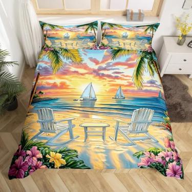 Imagem de Conjunto de capa de edredom em aquarela tamanho queen, estilo praia mar, para crianças, meninos, meninas, desenho animado verão à beira-mar, viagem, capa de edredom com folhas de palmeira tropical, 3