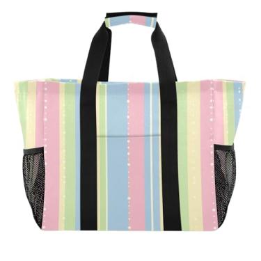 Imagem de Wassud Tulipas listras verticais e bolinhas reutilizáveis bolsa grande sacola de lona impermeável organizador para praia, piquenique, lavanderia, viagem