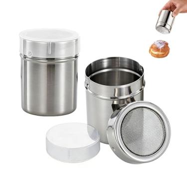 Imagem de 2 peças de espanador de açúcar em pó, coqueteleira de prata, peneira de farinha de aço inoxidável, de malha fina