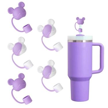 Imagem de SEEZIZI 5 peças de tampas de palha de urso compatíveis com copos Stanley de 30 e 1,134 g, tampas de canudo de silicone fofas reutilizáveis para canudos StanleyCups de 10 mm Acessórios - roxo e branco