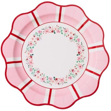 Imagem de Bonjour Fête Pratos de jantar de festa de papel floral rosa e vermelho | Pratos grandes descartáveis para o dia dos namorados, festas de primavera e reuniões de chá | Suprimentos e decorações de festa