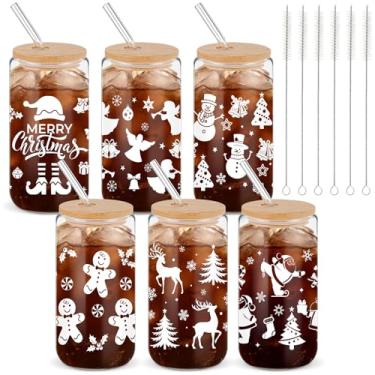 Imagem de Yetene Conjunto de 6 copos de vidro de Natal de 473 ml com tampa de bambu e canudo Papai Noel boneco de neve copos de café gelado de inverno presentes de Natal para mulheres, decoração de aniversário