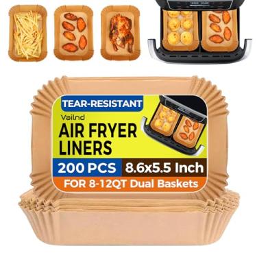 Imagem de Forros Air Fryer descartáveis para cesta dupla, 200 peças de forro de papel pergaminho retangular para Ninja DZ201 DZ401, Chefman/COSORI fritadeira a ar de 2 cestas, papel de cozimento à prova de óleo