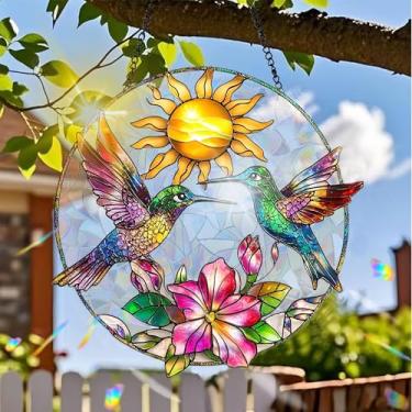 Imagem de Acrílico colorido Suncatcher, decoração para pendurar pássaros com design de estilo vitral impresso, arte de parede de arco-íris, refrator de luz do sol, decoração de casa interna e externa com