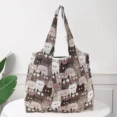 Imagem de 1 bolsa de compras grande dobrável, sacola de compras reutilizável, à prova d'água, portátil, leve para uso diário, lavável na máquina, sacola casual, estampa de gato marrom