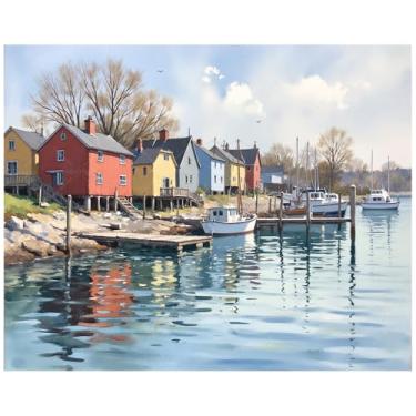 Imagem de Kit de pintura por números Harbor Village para adultos - DIY cidade de pescadores costeiros com barcos e casas coloridas pintura em tela 40,6 x 50,8 cm, conjunto de tinta acrílica, arte para decoração
