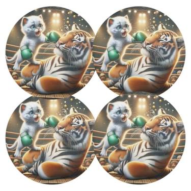 Imagem de Conjunto de 4 tapetes de mesa de boxe gatinho tigre redondo à prova de calor para cozinha, mesa de jantar, 38 cm, jogo americano redondo de PVC para cozinha