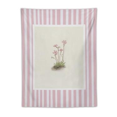 Imagem de Tapeçaria de parede botânica de flor rosa vintage listras blush boho cottagecore decoração floral minimalista tecido para pendurar para quarto, dormitório, berçário, espaço de estar, apartamento