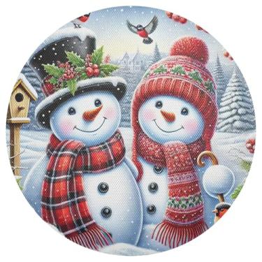 Imagem de Jogo americano círculo de boneco de neve de inverno, conjunto de 1 tapete de mesa de PVC de 38 cm para mesa de jantar, lavável para festa de Natal