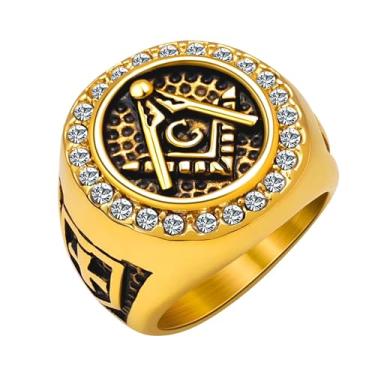 Imagem de Oaldilee Anéis maçônicos para homens, aço inoxidável 316L/ouro real 18K/joia maçônica de metal preto, anel de pedreiro punk motociclista, tamanho 7-12, Metal, Sem pedra preciosa