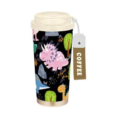 Imagem de Caneca de viagem de café 16+ Oz, copo de café de viagem com revestimento cerâmico com canudo e tampa, copo isolado a vácuo de aço inoxidável, dinossauro colorido fofo preto