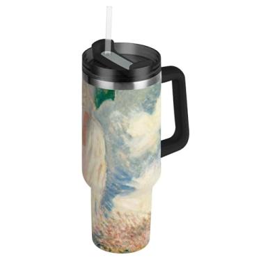 Imagem de Joisal Claude Monet Guarda-sol feminino pintura copos com tampa e canudo garrafas de água de aço inoxidável copo isolado com alça 1,134 g copo de café grande carro