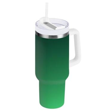 Imagem de Joisal Copos gradientes turquesa verde preto com tampa e canudo à prova de vazamento 1,134 g copo com alça garrafa de água isolada garrafa de água de aço inoxidável cabe no copo do carro