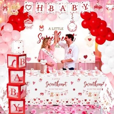 Imagem de G1ngtar Decoração de chá de bebê do Dia dos Namorados - 130 peças A Little Sweetheart Is On The Way Balloon Guirlanda Arco Kit Pano de Mesa Toalha de Fundo Oh Baby Banner Mom to Be Topo de bolo para