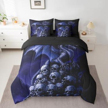 Imagem de Manfei Jogo de cama infantil casal com dragão azul, caveira gótica, para decoração de quarto de meninos e meninas, animal selvagem antigo em uma bolsa com edredom, lençol de cima, lençol de cima e
