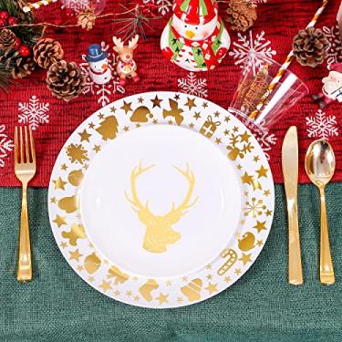 Imagem de ISFANGCO Conjunto de pratos de Natal de plástico rígido de 60 peças para 30 convidados - 30 pratos de jantar brancos e dourados, 30 pratos de sobremesa com padrão de rena