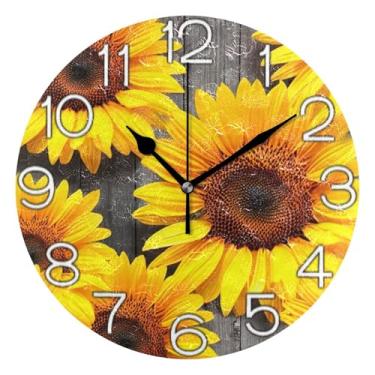 Imagem de GAIGEO Relógio de parede analógico decorativo funky alimentado por bateria relógio de cozinha fofo, decoração de parede retrô moderno art déco girassol floral amarelo vibrante, 25 cm, ponteiros pretos