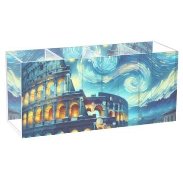 Imagem de TSENQUE Porta-canetas de mesa de acrílico personalizado engraçado para escritório, coliseu romano, noite estrelada, para maquiagem, 20 cm x 6 cm x 9 cm