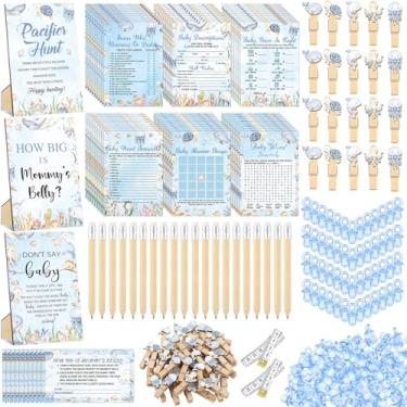Imagem de Sherr 476 peças de jogos de chá de bebê sob o mar, 6 conjuntos de cartas de atividades, jogo de caça à chupeta, 50 chupetas, qual é o tamanho da barriga da mamãe, 50 cartões de adivinhação, 2 fitas