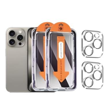 Imagem de Pacote com 2 + 2 protetores de tela para iPhone 15 Pro Max com protetor de lente de câmera cobertura total, película de vidro temperado anti-espião, dureza 9H, fácil instalação, sem bolhas [6,7