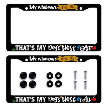 Imagem de Pacote com 2 molduras engraçadas para placa de carro My Windows aren't Dirty That's My Dogs Nose Art Suporte de placa de licença para etiquetas dianteiras ou traseiras de carro de aço inoxidável