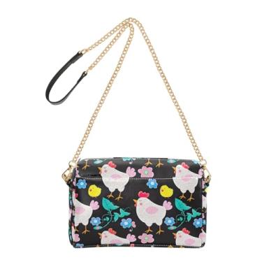 Imagem de Joitme Bolsas femininas transversais para telefone com desenho fofo galinhas floral preta PU couro bolsa de ombro com alça de corrente