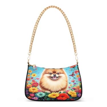 Imagem de Linda bolsa de ombro com corrente de flores coloridas para cães da Pomerânia com estampa artística Hobo para mulheres, bolsa clutch versátil
