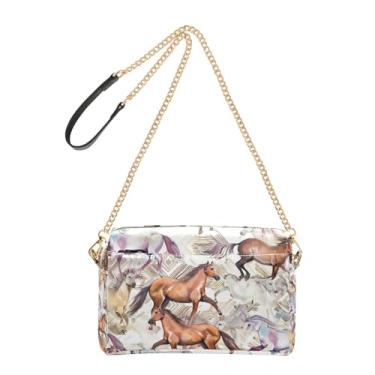 Imagem de Bolsa feminina transversal para celular com estampa de animais e cavalos de corrida com alça de corrente