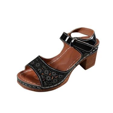 Imagem de Sandálias femininas modernas casuais de verão boca de peixe com fivela única e salto alto, Preto, 39