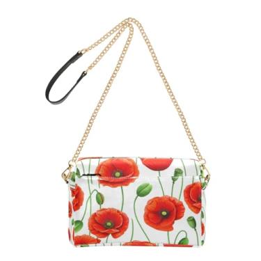 Imagem de Joitme Bolsa feminina tiracolo bolsa para celular linda flores vermelhas brilhantes alça de corrente branca bolsa de ombro de couro PU