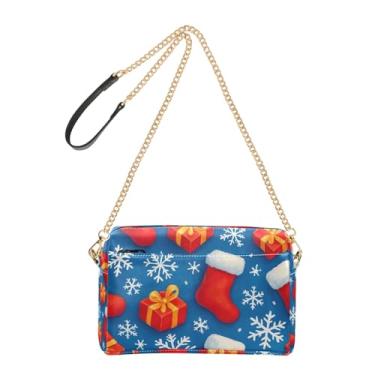 Imagem de Joitme Meia feminina de Natal vermelha floco de neve, bolsa transversal, alça de corrente, bolsa de ombro de couro PU, bolsa para celular
