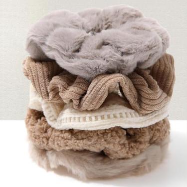 Imagem de Faixa de cabeça de pelúcia grossa moderna para mulheres – Conjunto moderno de elásticos de rabo de cavalo para todos os tipos e texturas de cabelo (Caqui, 5 peças)