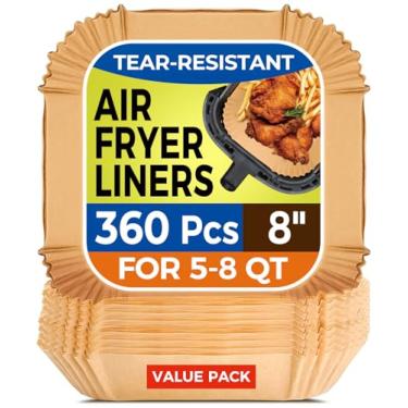 Imagem de 360 peças de forros de fritadeira a ar descartáveis, forros de papel de fritadeira quadrada de 20 cm, papel pergaminho não branqueado para cesta de fritadeira a ar, forro antiaderente e à prova de