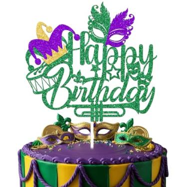 Imagem de BOMXOI Mardi Gras Themed Happy Birthday Cake Topper Masquerade Mask Birthday Party Decorations Supplies Green Glitter