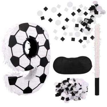 Imagem de Conjunto de Pinhata com Tema Futebol, Pinhata Número 9 com Bastão Venda e Confetis - Artigos para Festas Desportivas Infantis Decoração de Aniversário Jogos e Celebrações Festivas