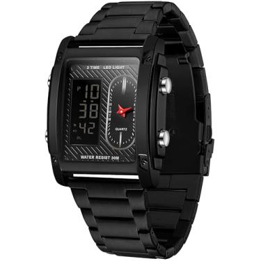 Imagem de findtime Relógios masculinos retangulares fixes, preto, aço inoxidável, relógio de pulso masculino com analógico digital, relógio esportivo de design exclusivo para hombres, Preto, Casual