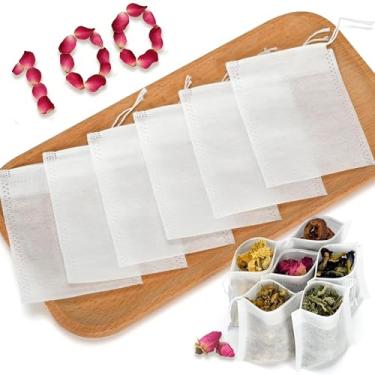 Imagem de 100 sacos de filtro de chá, sacos de filtro de chá descartáveis para chá de folhas soltas de materiais naturais, com cordão, saquinhos de chá vazios adequados para chá de folhas soltas, especiarias