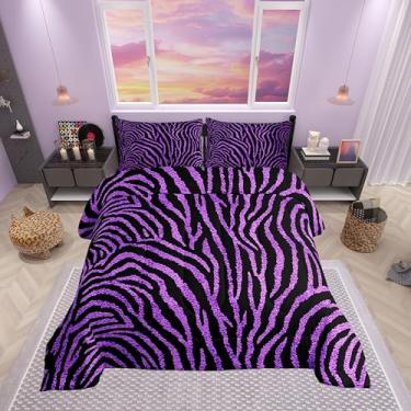 Imagem de Castle Fairy Conjunto de edredom Queen com listras de zebra roxa, estampa alternativa de pele de animal selvagem, decoração de quarto de adultos, microfibra ultramacia de animais selvagens, 3 peças de