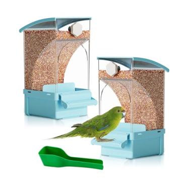Imagem de Hamiledyi 2 peças alimentador automático de pássaros, sem bagunça, recipiente de alimento de semente de papagaio de acrílico transparente com poleiro, acessórios para gaiola de pássaro para periquito