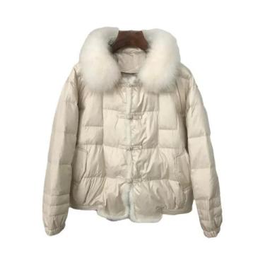 Imagem de Jaqueta Puffer Feminina Com Gola De Pele De Raposa Branca, Parka Curta