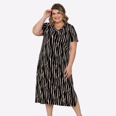Imagem de Vestido Midi Levity Fresco Manga Curta Estampado Plus Size, Preto geom