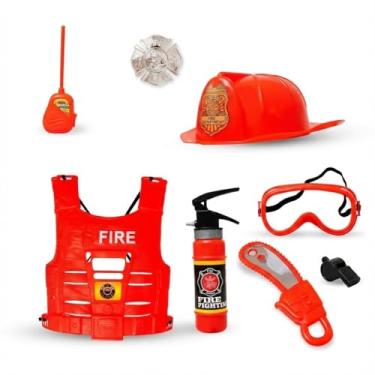 Imagem de Kit Fantasia Bombeiro Infantil Multikids com 8 peças - Colete, Capacete, Mini Rádio, Óculos, Serra, Extintor, Apito e Distintivo - Kit Fantasia Multikids Diversão Garantida