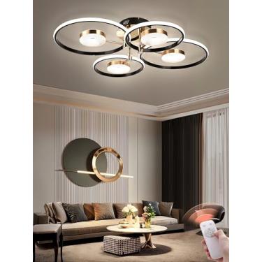 Imagem de Luminária de teto LED preta moderna com design de anel redondo, dimerizável e com controle remoto. Lustre criativo em acrílico para sala de estar, quarto e sala de jantar (4+4 lâmpadas).