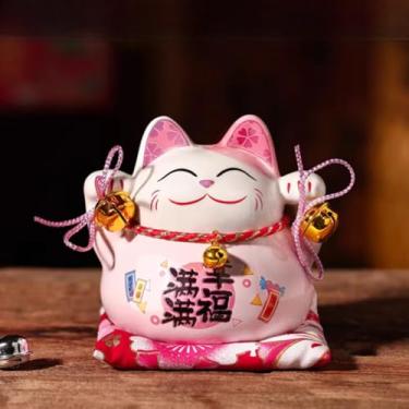 Imagem de FENNYYAR Mini sino de mão chinês de cerâmica rosa mascote gato riqueza, 11 cm, ornamento de mesa
