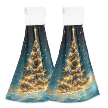 Imagem de Blueangle 2 peças de toalhas de gravata penduradas em árvore de Natal com flocos de neve toalha de mão de cozinha absorvente de veludo coral macio pano de pano para cozinha e banheiro (649)
